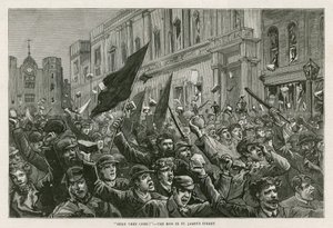 1886年2月8日、ロンドンのウエストエンドでの暴動：ここに来た！ -ロンドンのセントジェームスストリートの暴徒 作： English School