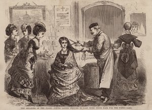 群れの毛刈り、教皇のために髪を分けるよう誘われる若い女性たち（エングレーヴィング） 作： English School