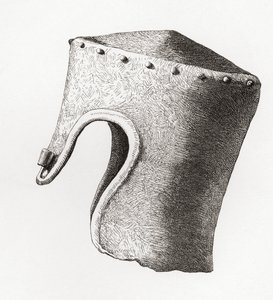 1841 年にモンゴメリー城で発掘された 13 世紀の鼻付きの円筒形のフラットトップ ヘルメット。1868 年に出版された『英国陸軍: その起源、進歩、装備』より。 作： English School