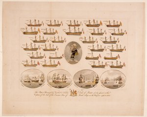 このプレートは、1793年から1805年までの戦争で、敵の戦列艦のうち26隻の帆を捕獲したブロンテ公爵ネルソン子爵の後援を受けています（彩色済み彫刻）。