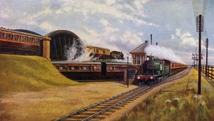 ハンプシャー州バトルダウン ジャンクションに停車する 3 つのロンドン アンド サウス ウェスタン鉄道の急行列車 (カラー リソ)