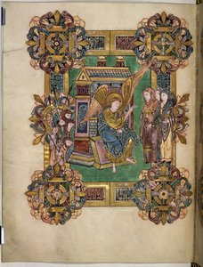 聖ÆthelwoldのBenedictional』より「墓前の3人のマリア」、963-984年頃（羊皮紙にインクと金の組み合わせ 作： English School