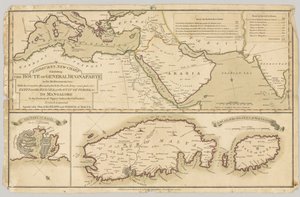 3つの印刷された色付き地図：地中海のボナパルト将軍のルートを示すフェアバーンの新しいチャート、1798年 作： English School