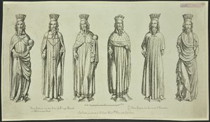 ウェストミンスターホールの王座裁判所の上の3つの彫像と、1784年の大法官裁判所の上の3つの彫像