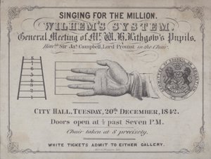 イギリスの作曲家ジョン・パイク・ヒューラが書いた「ウィルヘムの歌唱指導法」の生徒たちの声を聞くイベントのチケット（リトグラフ）。 作： English School
