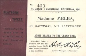 1901年のグラスゴー国際展示会でネリーメルバを聴くためのチケット（印刷） 作： English School