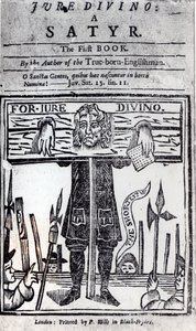 1706年に発行された、Jure Divinoの最初の本のタイトルページ-Daniel Defoe（1660-1731）によるサテュロス 作： English School
