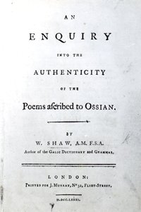 1781年に出版されたWilliam ShawによるOssianの詩の真正性に関する調査のタイトルページ（印刷された紙）