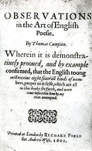 Thomas Campionによる英語の詩詩の観察のタイトルページ、1602年発行（印刷物） 作： English School