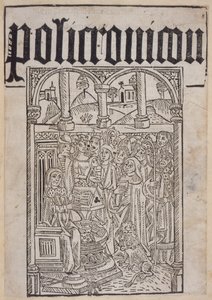 Wynkyn de Wordeによって印刷されたRanulf Higden（d.1364）によるポリクロニコンのタイトルページ、1495