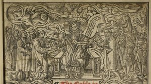 「偉大な聖書」からの「即位したヘンリー8世」を描いたタイトルページの詳細、1541年頃（木版画） 作： English School