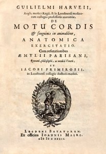 1628年に出版されたウィリアム・ハーヴェイ（1578-1657）の「De Motu Cordis set Sanguinis in Animalibus（生きとし生けるものにおける心臓と血液の動き）」のタイトルページ。 作： English School