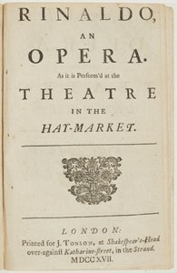 ヘンデルのオペラ「リナルド」の台本のタイトルページ、ジャコモロッシ作、1717年 作： English School