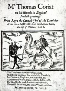 1618年にロンドンで出版された、死後のインド旅行記のトーマスコーリアットのタイトルページ（印刷された紙と木版） 作： English School