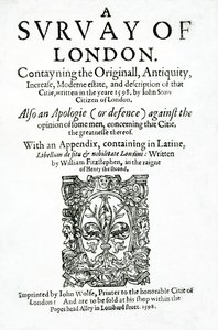 1598年に出版された、ジョンストウによるロンドンの調査のタイトルページ（印刷された紙）