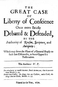 1670年に出版されたWilliam Pennによる「良心の自由の大事件」のタイトルページ