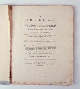 1768年、1779年、1770年、および1771年の陛下の船の努力における世界一周航海のジャーナルのタイトルページ、ロンドンで出版されたd、1771年（印刷）