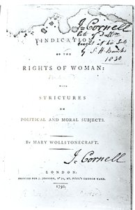 メアリー・ウォルストーンクラフト作「女性の権利の擁護」のタイトルページ、1792年発行 作： English School