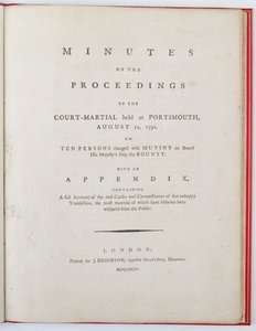 1792年8月12日ポーツマスで開催された軍法会議議事録のタイトルページ、ロンドンで発行、1794年（印刷） 作： English School