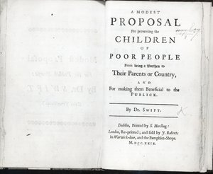 1729年に発行されたJonathan Swiftによる控えめな提案のタイトルページ（印刷） 作： English School