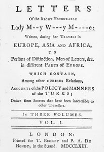 ヨーロッパ、アジア、アフリカでの旅行中に書かれた、メアリーウォートリーモンタギュー右派名誉書簡のタイトルページ。1763年に発行（印刷物）