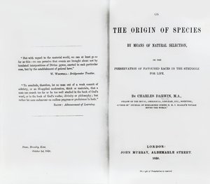 1859年に出版されたチャールズダーウィンによる「種の起源について」のタイトルページ