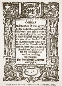 第39条のタイトルページ、1571年、イギリスの教会からの挿絵：HDM Spence-Jonesによる民衆の歴史、出版。 1910年頃（セピア写真） 作： English School