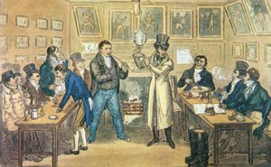 ホルボーンのユニオン・アームズのトム・クリッブのパーラーで、クリッブのカップを掲げている。1821年に出版されたピアース・イーガンの「Life in London」に掲載されたクルイックシャンクのアクアチントより（カラーリトグラフ版 作： English School