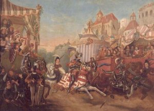 1416年のカレーでのトーナメントで、ウォリック伯爵リチャードがコラード・ファインズを馬に乗せない様子を描いたもの（パネル 作： English School