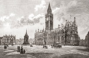 タウンホール、アルバート・スクエア、マンチェスター、1893年頃発行の「Cities of the World」より（プリント） 作： English School