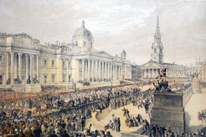 エドワード7世の結婚記念碑とデンマークのアレクサンドラからのトラファルガー広場、パブ。 1864 作： English School