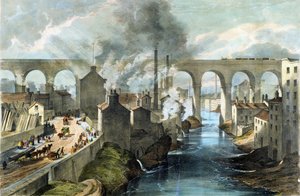 ストックポート高架橋を渡る列車、ロンドン・ノースウェスタン鉄道、1845年頃（カラーリトグラフ） 作： English School