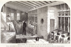 ロンドンの刑務所刑務所とヘンリーメイヒュー（1812-87）とジョンビニー、1862年の刑務所生活のシーンからのホロウェイ市刑務所でのトレッドホイールとオークムシェッド 作： English School