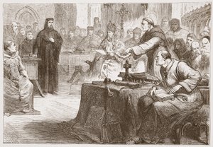 ウィクリフの試練、ジェームズ・エイトケン・ワイリー（1808-1890）によるパブのプロテスタンティズムの歴史からのイラスト。 1878 作： English School