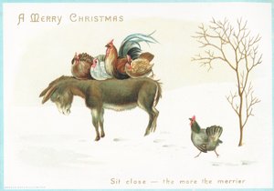トルコとロバの上に座っている鶏とクリスマスカード 作： English School