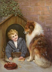Turned Out - コリー犬のふりをする少年（カラーリトグラフ）