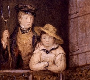 納屋の扉の前の二人の少年 1825年頃 （水彩・紙） 作： English School