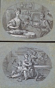 2つの国内のシーン、c.1725（青い紙に黒と白のチョーク）