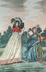 庭にいる2人のおしゃれな女性、1800年頃（カラー彫刻） 作： English School