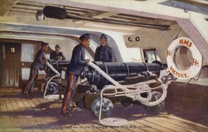 HMSビクトリーに搭載されたトラファルガー砲2門（カラーリトグラフ 作： English School