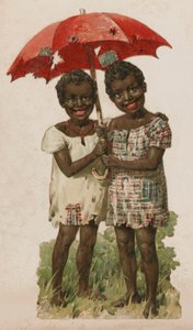 ボロボロの傘の下に身を寄せる2人の貧しい黒人の子供たち（カラーリトグラフ 作： English School