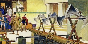 ユリシーズは弓をつなぎ、斧の頭の間の狭い空間に矢を送りました 作： English School