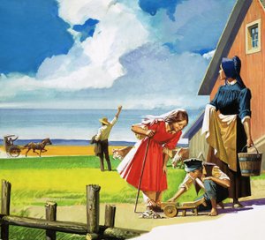 クエーカー家の家族と正体不明のアメリカの田園風景 作： English School