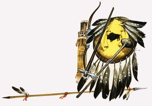 槍、矢、クラブ、羽毛の盾など、正体不明のインドの武器 作： English School