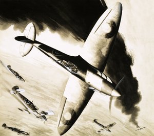 ドイツの戦闘機とのドッグファイトにおける正体不明のスピットファイア 作： English School