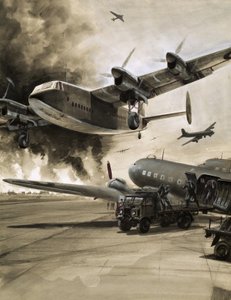 町の炎を背景に持つ未確認の航空機 作： English School