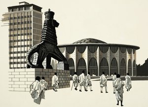 奇妙な像のある正体不明の街のシーン 作： English School