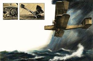 嵐の海の上を飛んでいる正体不明の初期の複葉機 作： English School
