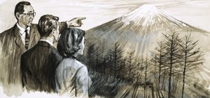富士山を指差す正体不明の男性