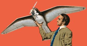 プロペラ付きの鳥型の飛行機を持つ正体不明の男 作： English School